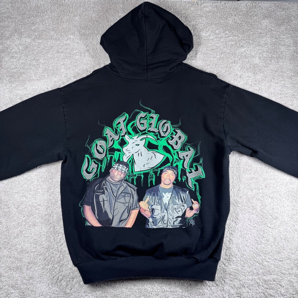 Goat Global Biggie Tupac Graphic Hoodie Mens Large Black Streetwear Sweatshirt